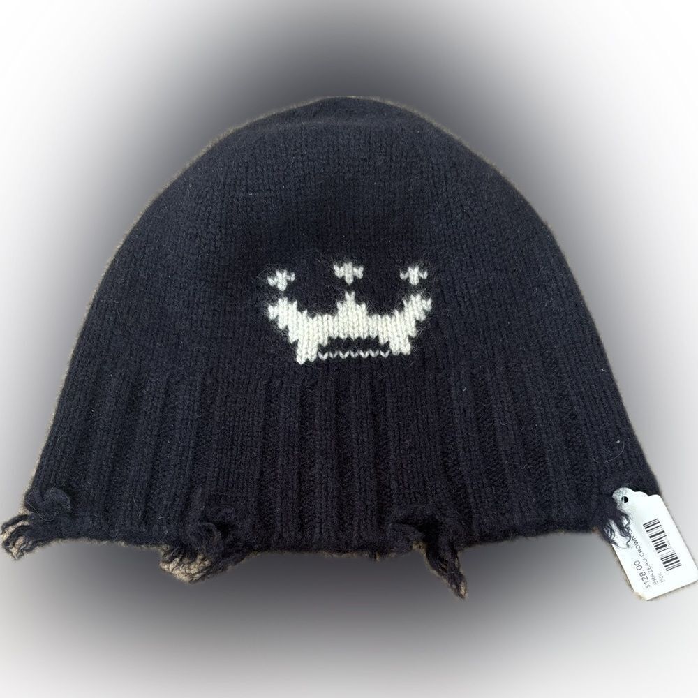 Brazeau tricot women’s 100% cashmere crown knit distressed hem beanie hat new